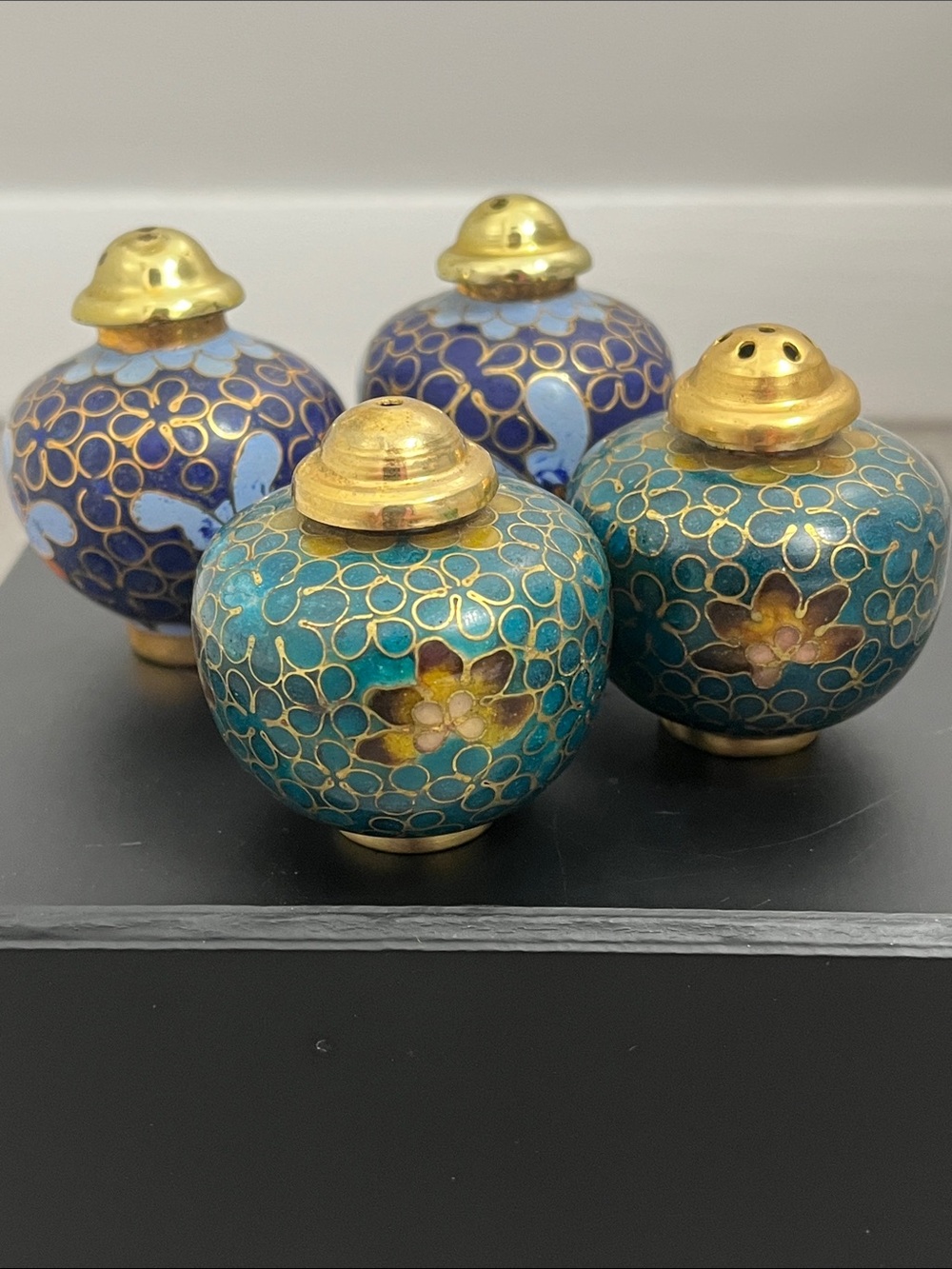Vintage cloisonné enamel brass salt and pepper shakers lot of 2 pairs